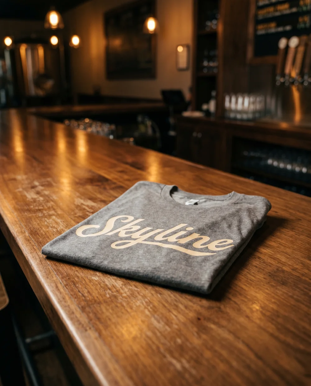 Playera Skyline — algodón heather charcoal, estampado cursivo crema