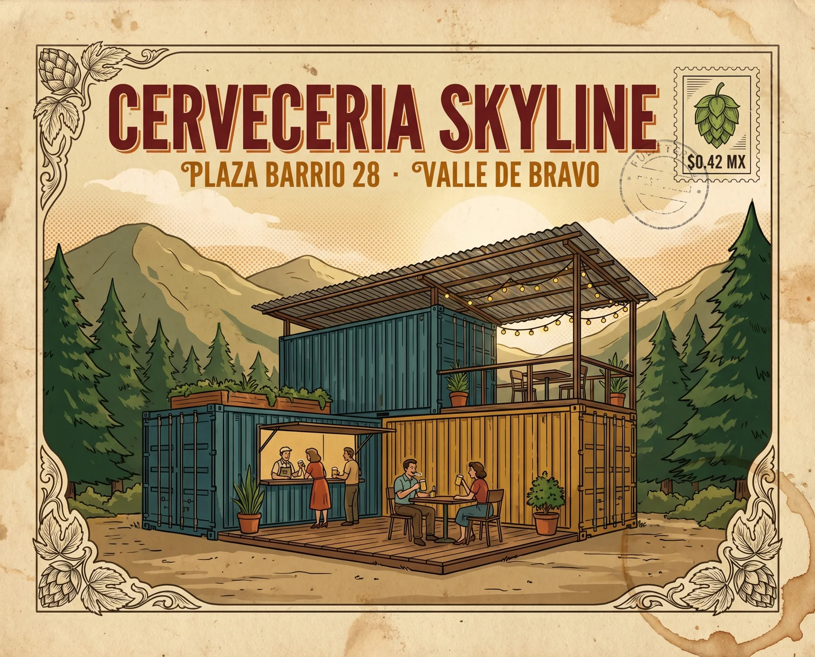 Postal ilustrada de Cervecería Skyline — dos contenedores convertidos en taberna con pinos y montañas de Valle de Bravo